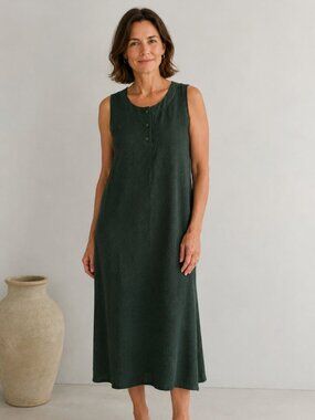 Made in U.S.A. 100% Silk Sleeveless Textured Summer Dark Green Midi Dress, Large